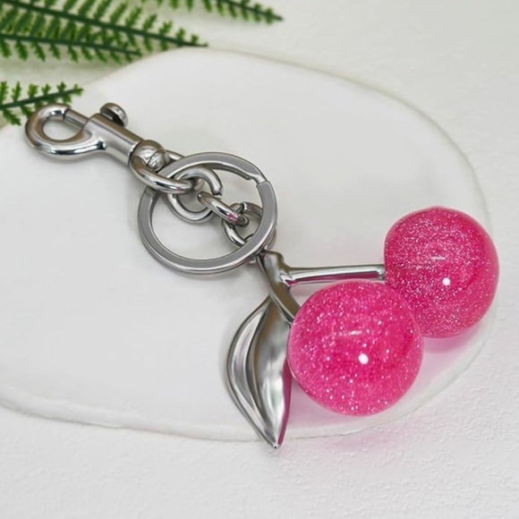 Bright pink sparkle cherry bag or purse charms brushed silver and pink - Picture 2 of 4